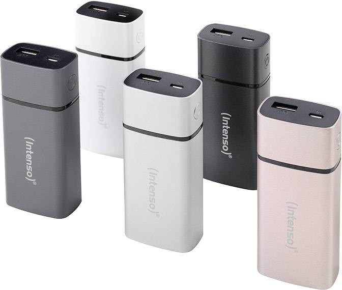 Cinque powerbank portatili in diversi colori (grigio, bianco, argento, nero, rosa). Ognuna ha una porta USB e il marchio 'Intenso'.