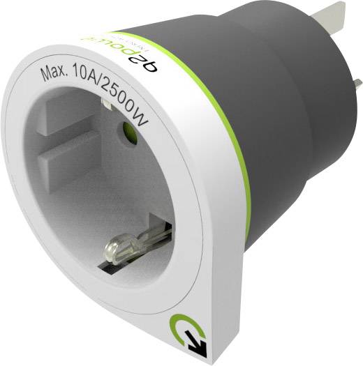 Un adattatore nero e bianco con la scritta 'Max. 10A/2500W' sul bordo. Adatto per apparecchi elettrici fino a 2500 watt.