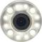 Una fotocamera circolare con un obiettivo nero al centro, circondato da dodici luci LED bianche.