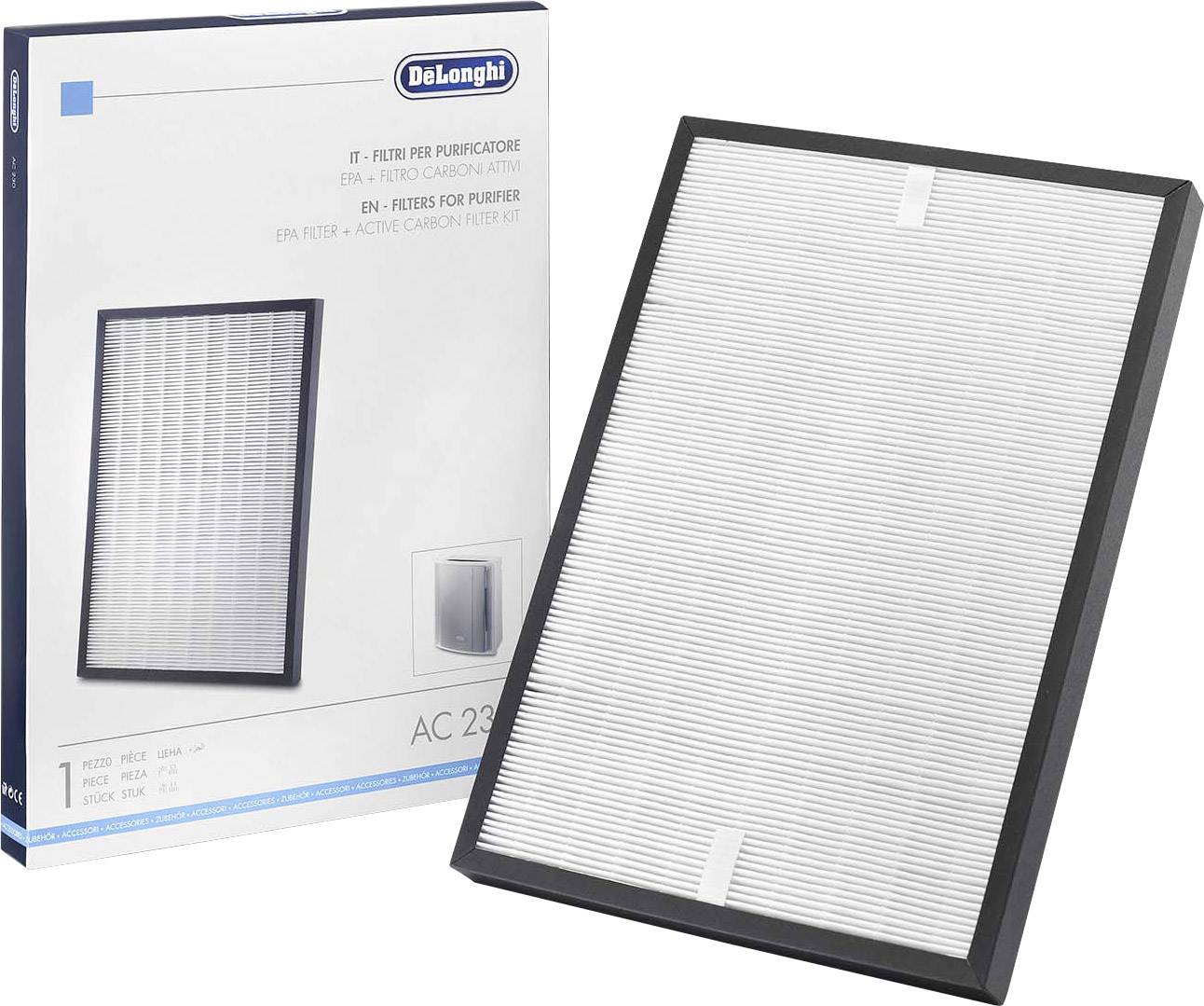 Un filtro per purificatore d'aria del marchio DeLonghi, modello AC 230. La confezione mostra il nome del prodotto e il filtro, adatto per specifici purificatori d'aria.