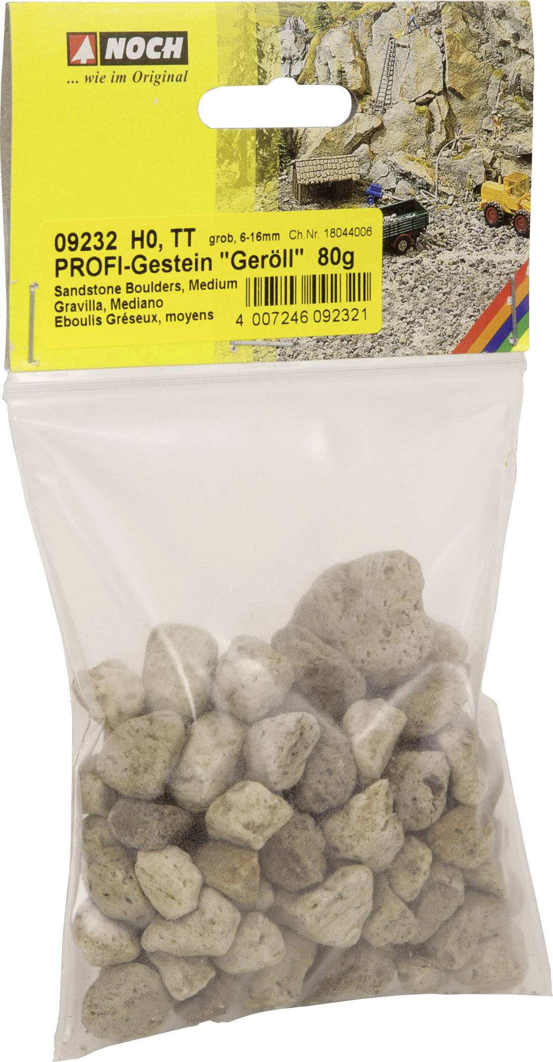 La confezione mostra PROFI-Gestein 'Ghiaia' di NOCH, 80g, adatto per modellini ferroviari. Contiene pietre di sabbia di medie dimensioni per decorazione.