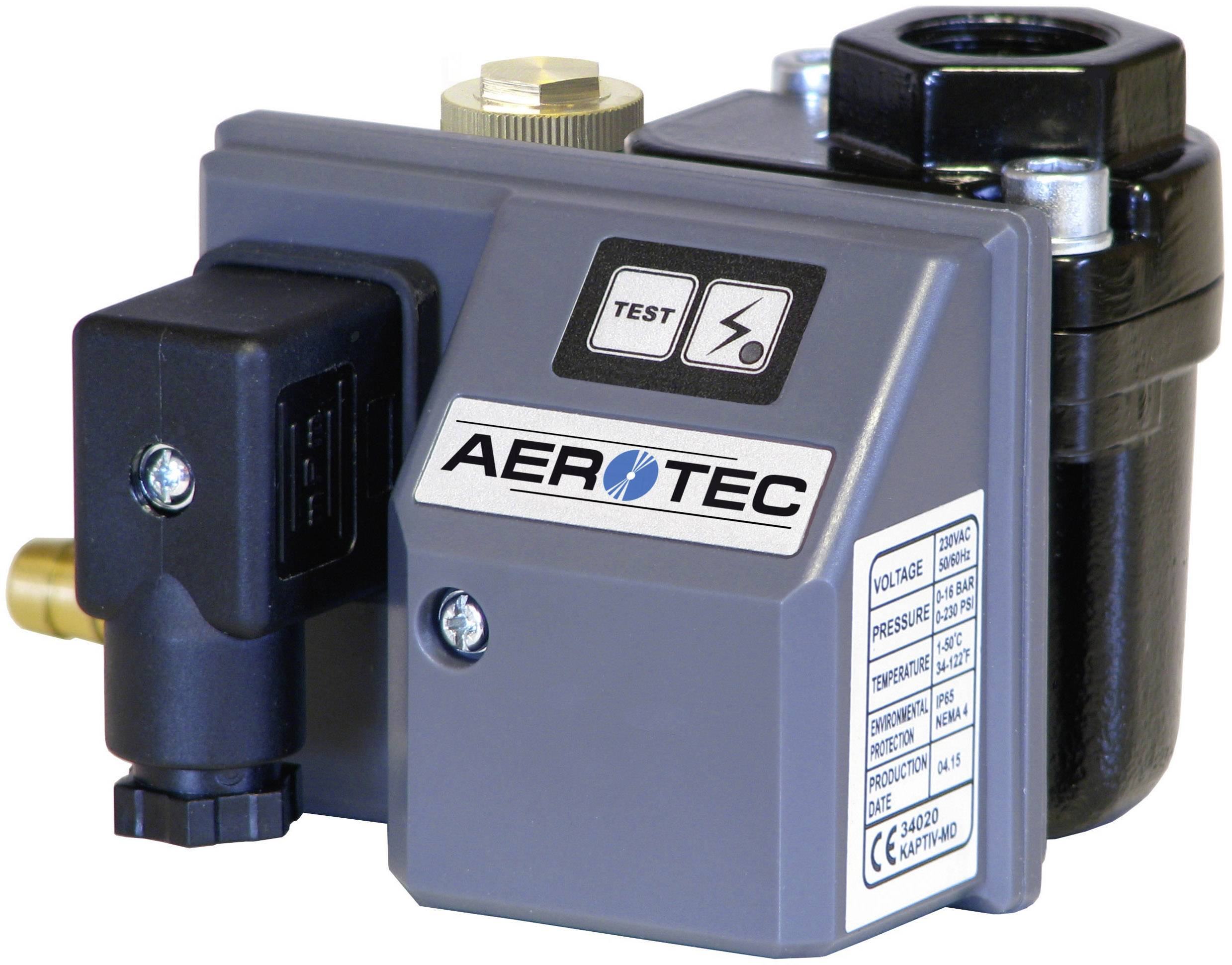 Scaricatore automatico di condensa per compressori AEROTEC con pulsante di test ed etichetta per specifiche tecniche.