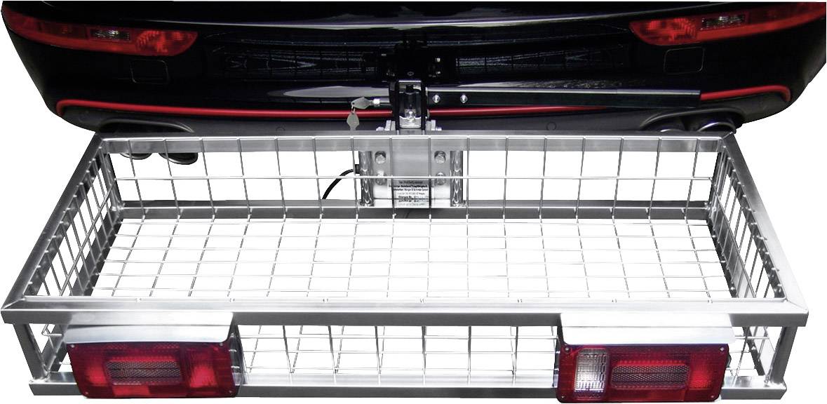 Un portabagagli posteriore di un'auto con piano a griglia e luci posteriori. Il portabagagli è fissato a un gancio di traino.