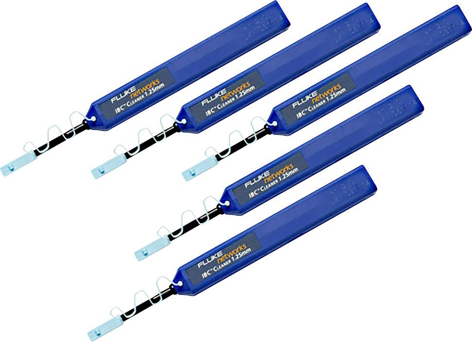 Cinque pulitori a penna monouso blu per connettori in fibra ottica con grilletto e banda di pulizia visibile. Adatti per connessioni da 2,5 mm.