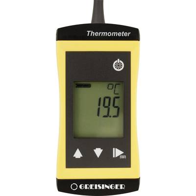 Termometro portatile mostra '19,5°C' su display digitale. Involucro giallo-nero. Scritta 'Termometro' in alto. Pulsanti di controllo in basso.