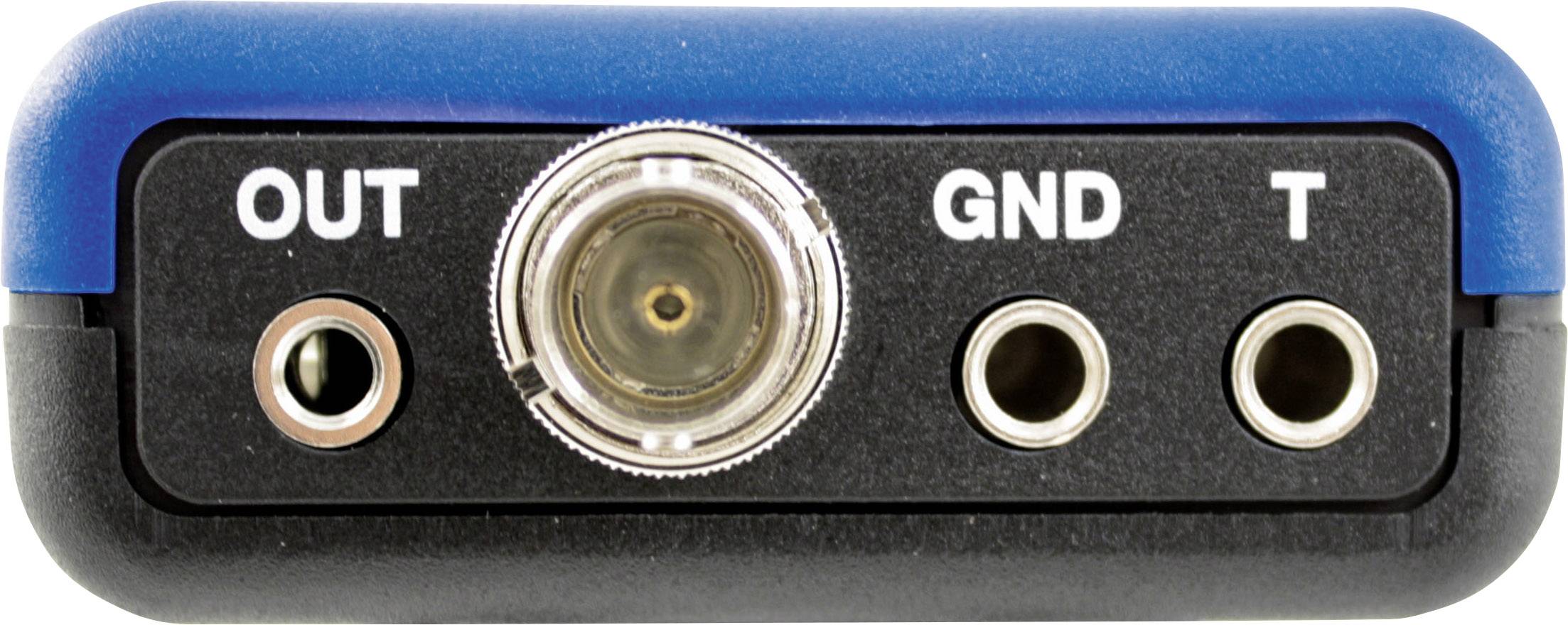Dispositivo con tre connettori: 'OUT', 'GND' e 'T'. Il connettore centrale è coassiale, gli altri sono connettori circolari a spina.
