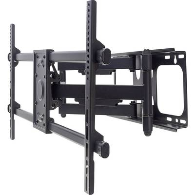 Un supporto da parete per TV nero regolabile con bracci multipli e fori di montaggio per un fissaggio flessibile di televisori a schermo piatto.