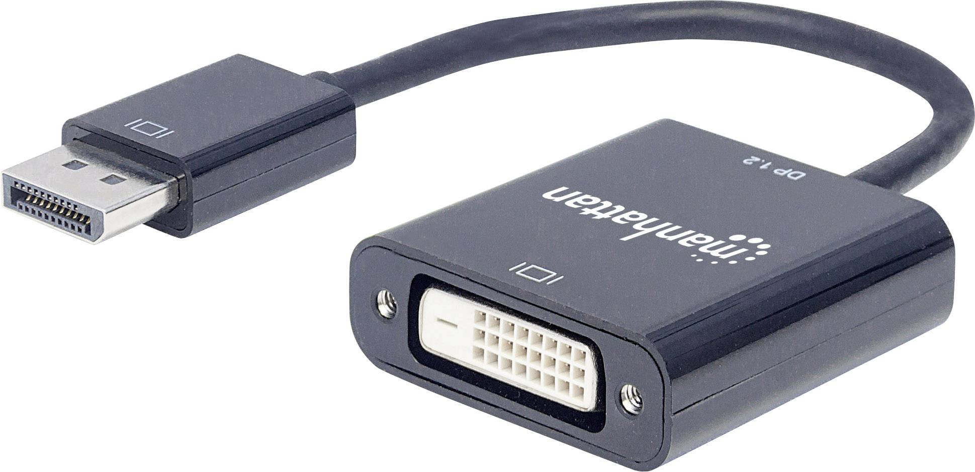 Un adattatore nero da DisplayPort a DVI con il marchio 'Manhattan' sulla parte superiore.