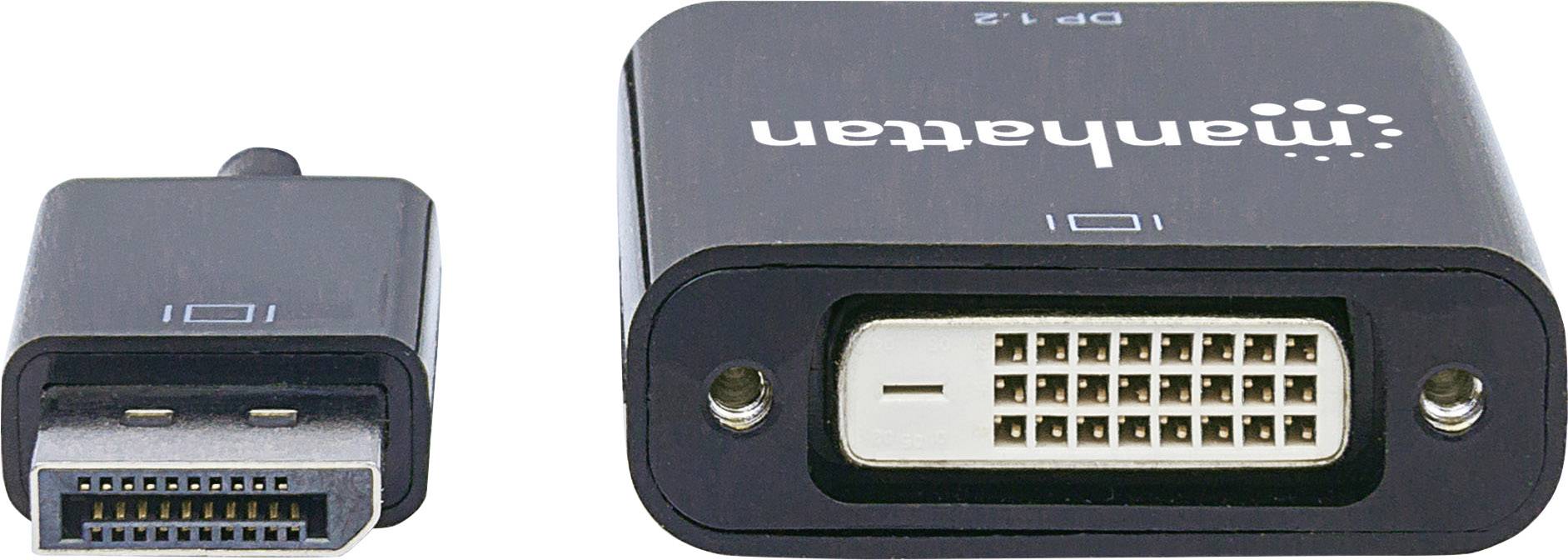 Un adattatore nero con la scritta 'Manhattan', che mostra un ingresso DisplayPort e un'uscita DVI.