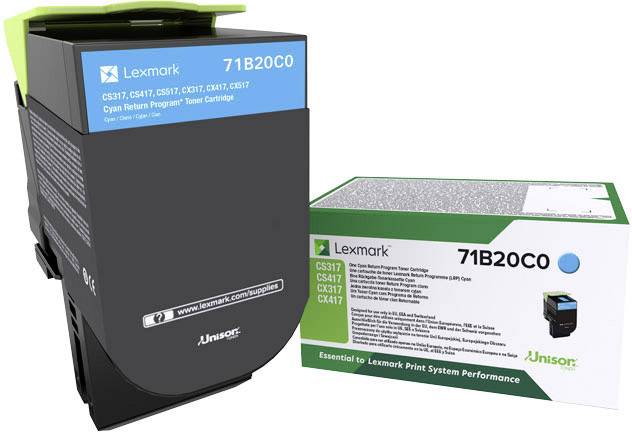 'Rappresentazione di una cartuccia toner ciano Lexmark 71B20C0 e del relativo imballaggio, adatta a diversi modelli di stampante.'