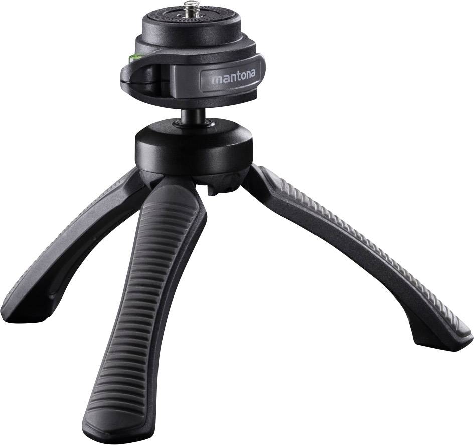 Un treppiede da tavolo compatto, nero, con tre gambe pieghevoli e un supporto universale per fotocamere o dispositivi mobili.