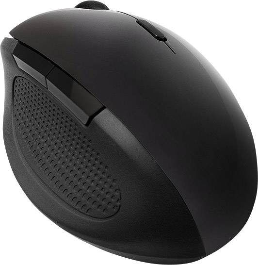 Mouse ergonomica nera con appoggio pollice gommato e due tasti laterali, design wireless.