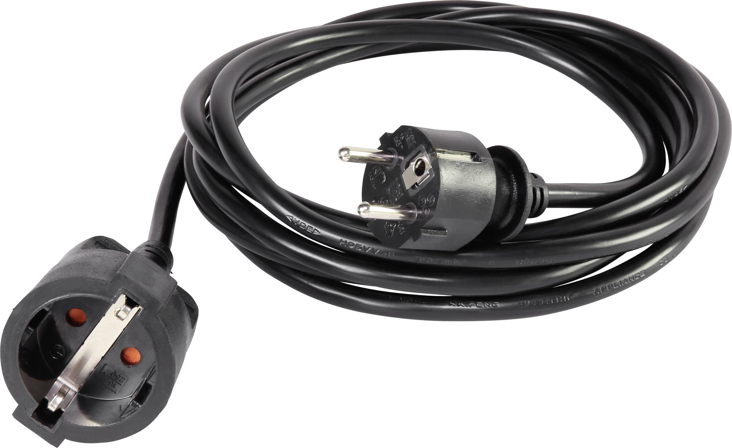 Un lungo cavo di rete nero con una spina Schuko europea e un socket, avvolto su una superficie.