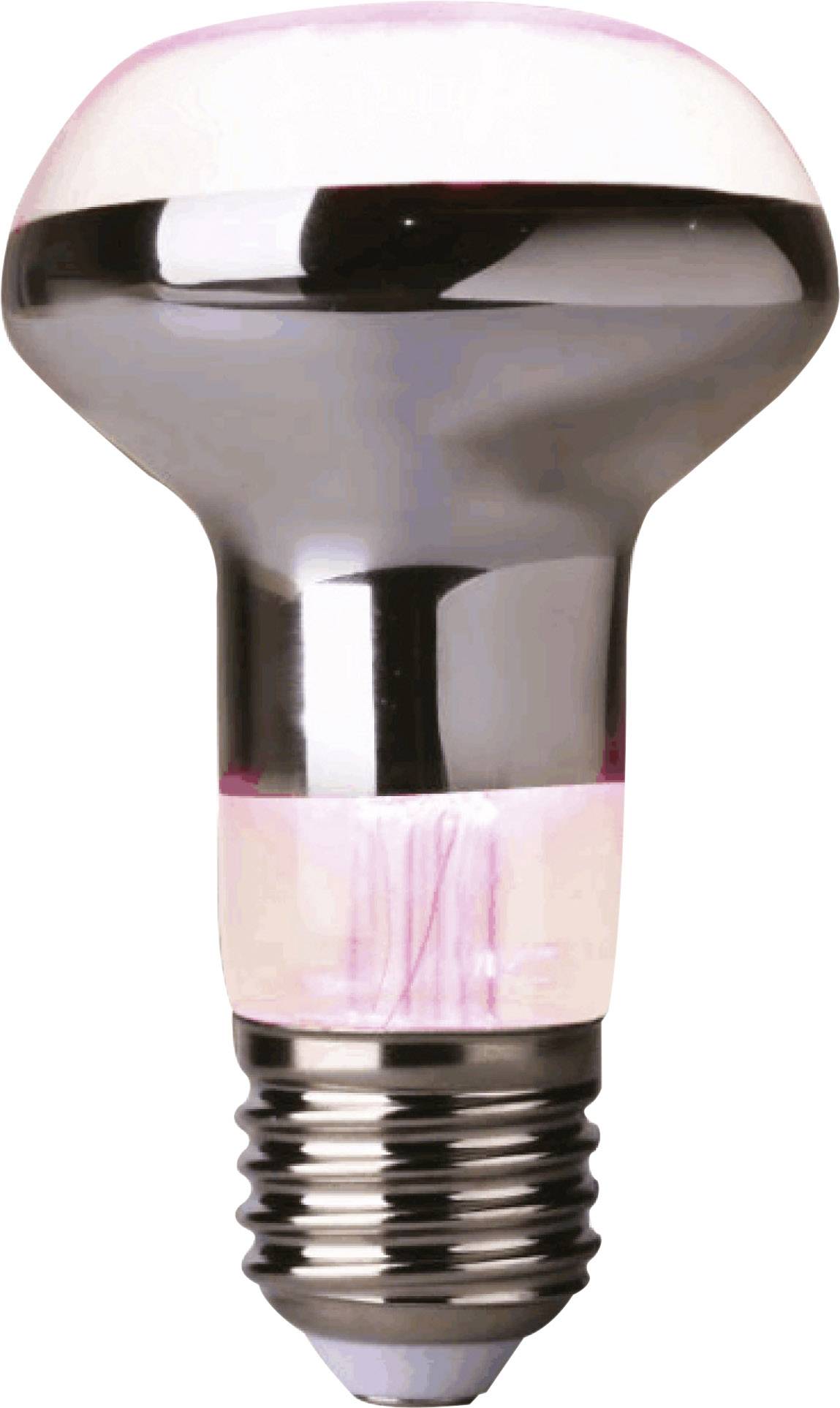 Lampadina con riflettore argentato e dettagli rosa, attacco a vite metallico in basso.