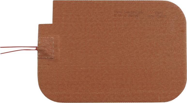 Pezzo di stoffa rettangolare color rame con bordi arrotondati, isolato su sfondo bianco. Due cavi rossi sporgono sul lato sinistro.