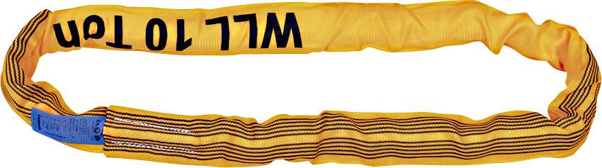 Cinghia di sollevamento lunga, di colore giallo, con la scritta 'WLL 10 Ton', idonea per il sollevamento di carichi pesanti.