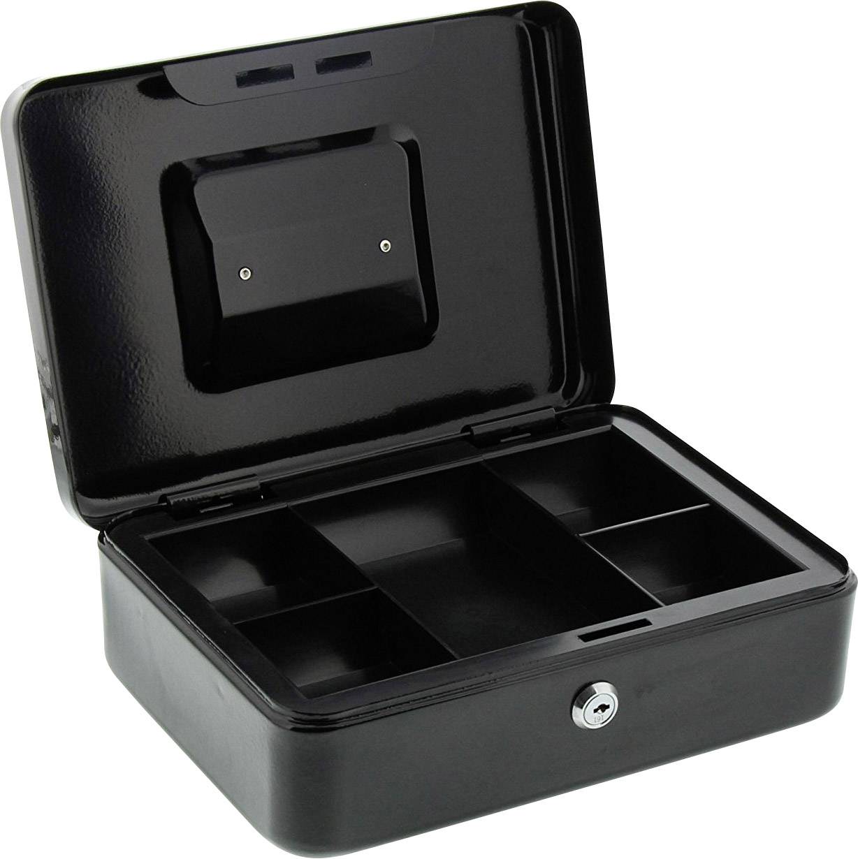 Un cassetto portavalori nero aperto con cinque scomparti, di cui tre sono rettangolari. Un buco della serratura è visibile sul davanti.