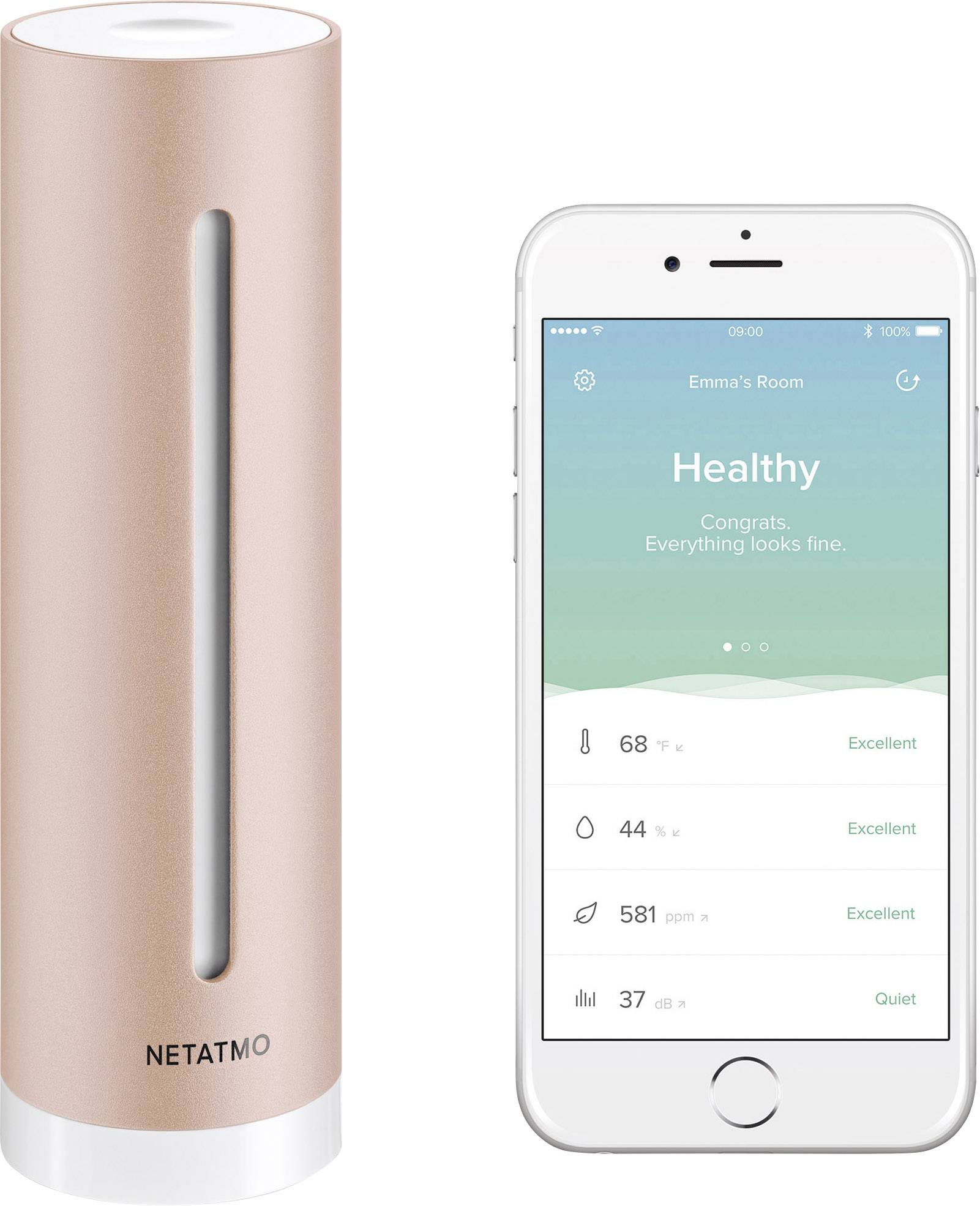 Termometro interno Netatmo accanto a uno smartphone con l'app aperta. Temperatura: 20°C, Umidità: 44%, CO2: 581 ppm.