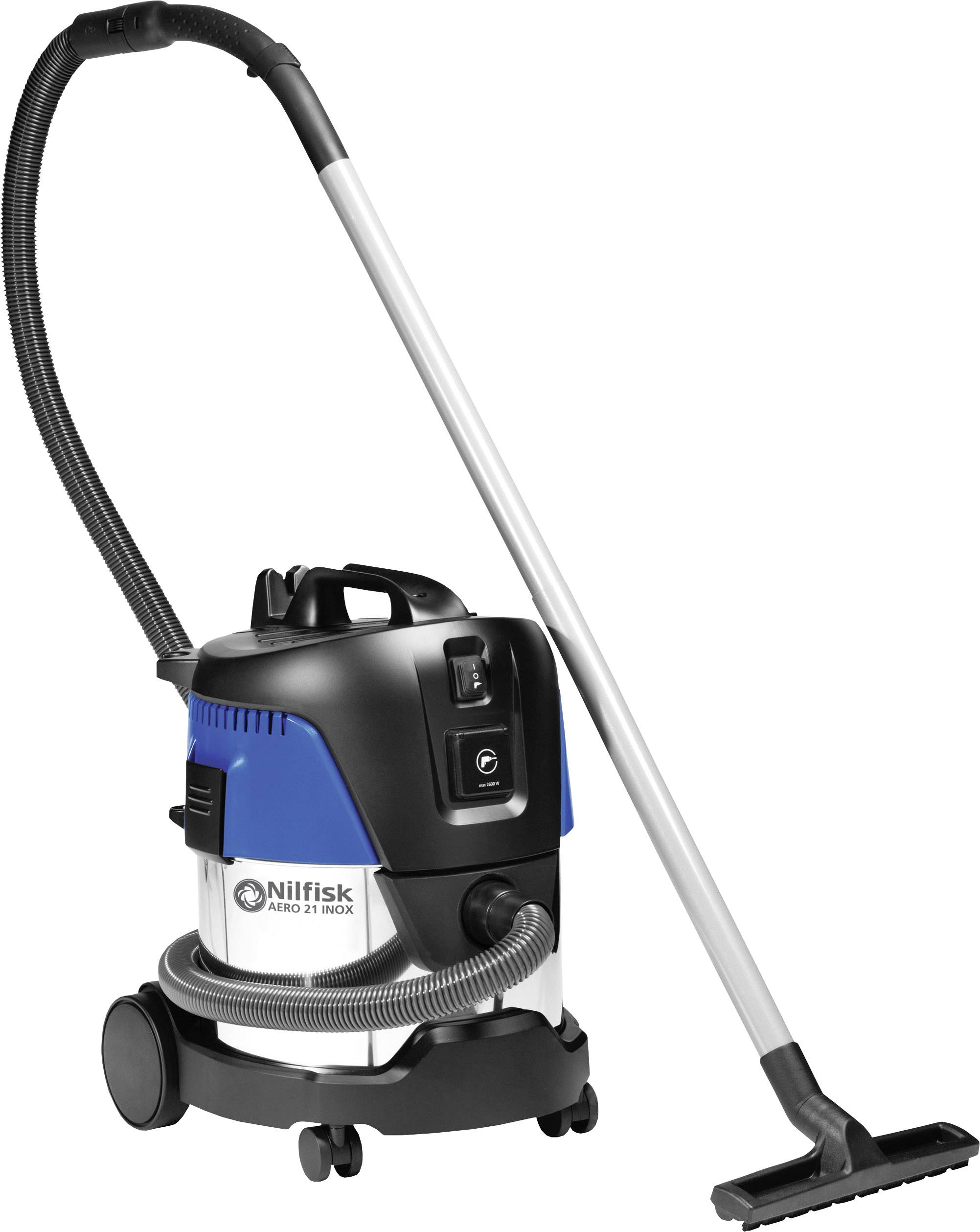 Un aspirapolvere industriale blu e nero con un lungo tubo di aspirazione e una spazzola per pavimenti. Ideale per una pulizia efficiente.