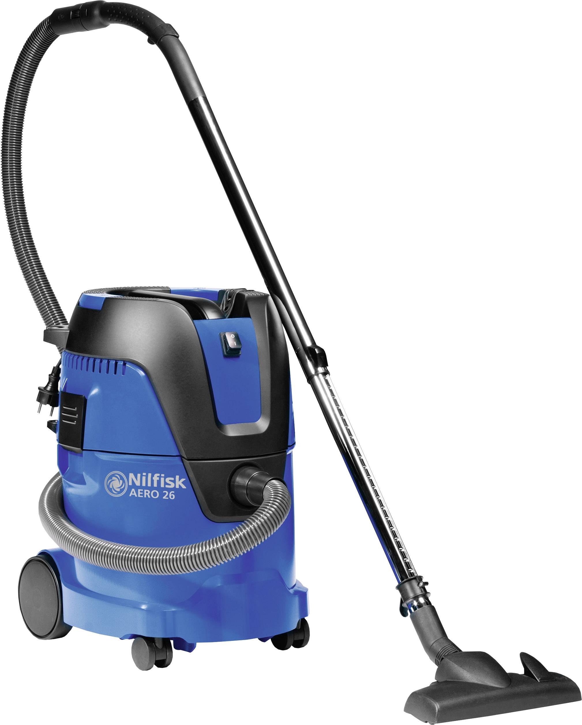 Aspirapolvere industriale blu con tubo e bocchetta per pavimenti. Modello: Nilfisk AERO 26. Adatto per officine o pulizie industriali.