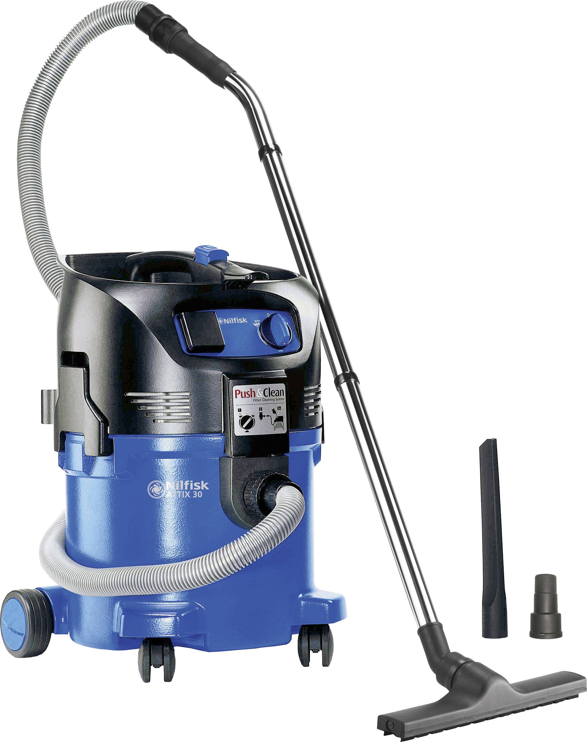 Aspirapolvere industriale blu con tubo di aspirazione e accessori, adatto per aspirazione a umido e a secco.