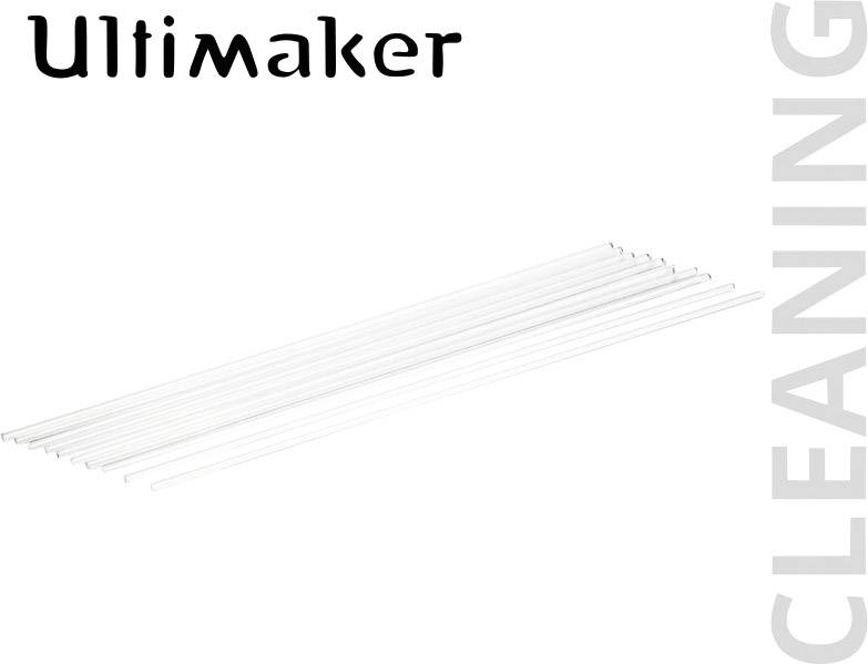 Un pacchetto di bastoncini di pulizia lunghi e trasparenti di Ultimaker, utilizzati per la pulizia degli ugelli delle stampanti 3D.