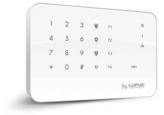 Una tastiera bianca per un sistema di allarme con tasti numerici (1-9, 0) e tasti funzione (F1-F4). Marca: Lupus Electronics.
