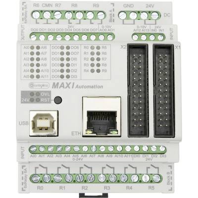 Un controllore di automazione programmabile con molteplici porte e interfacce per cablaggio e controllo.