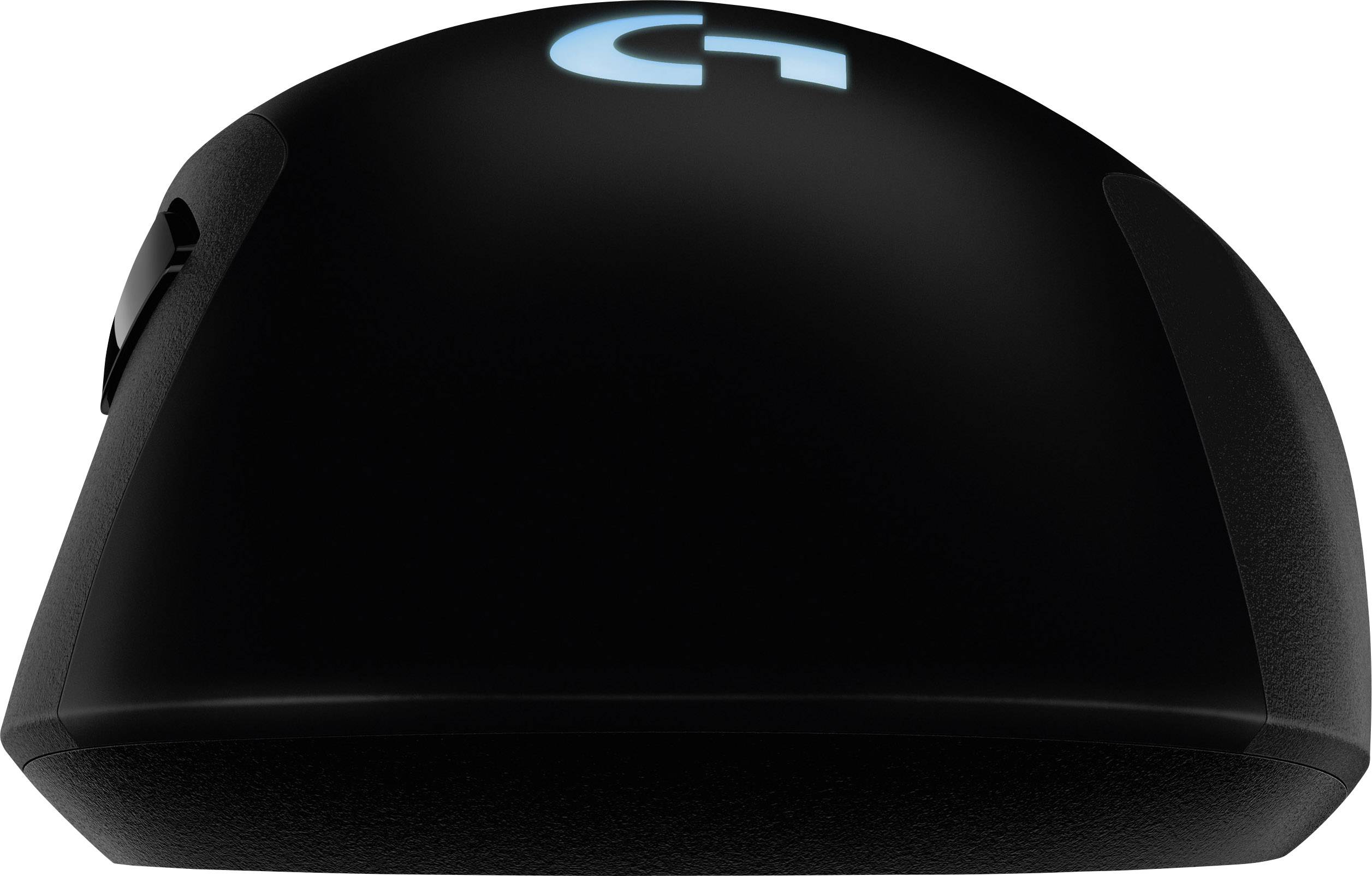 Mouse da gaming nera con logo blu illuminato sulla parte superiore. Un design ergonomico è chiaramente visibile.