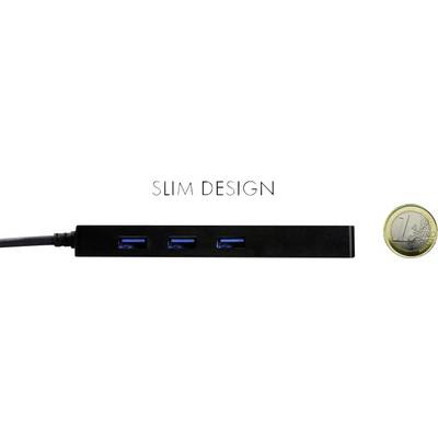 Hub USB sottile con tre porte, affiancato da una moneta da 1 euro per illustrare le dimensioni.