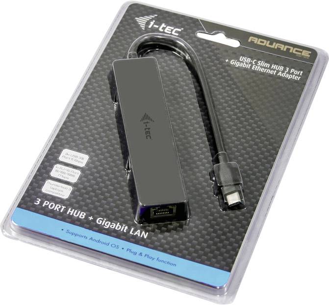 Hub USB-C con tre porte e LAN Gigabit, marca i-tec, adatto per Android, con funzione Plug & Play.