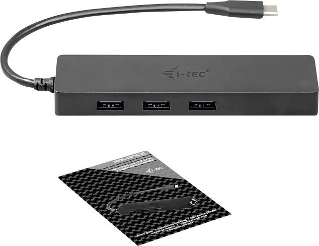 Un hub USB nero con tre porte USB, collegato tramite un breve cavo. Accanto c'è un foglio di descrizione del prodotto.