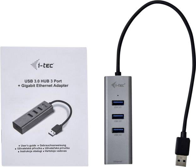 Hub USB 3.0 con 3 porte e adattatore Gigabit Ethernet accanto a un manuale di istruzioni.