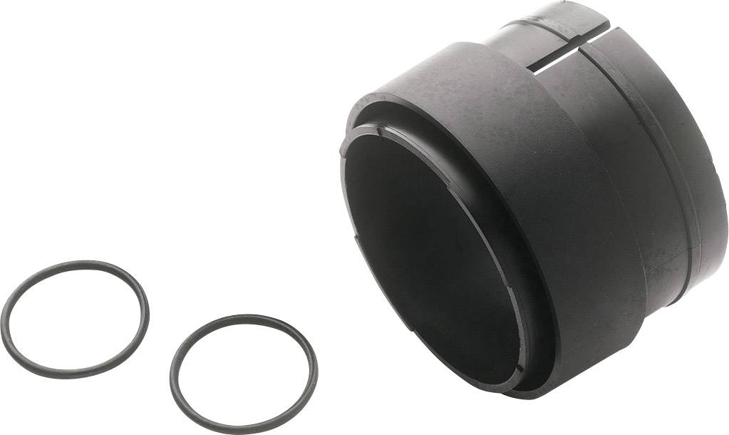 Pezzo adattatore cilindrico nero in plastica con due O-ring neri accanto, su sfondo bianco.