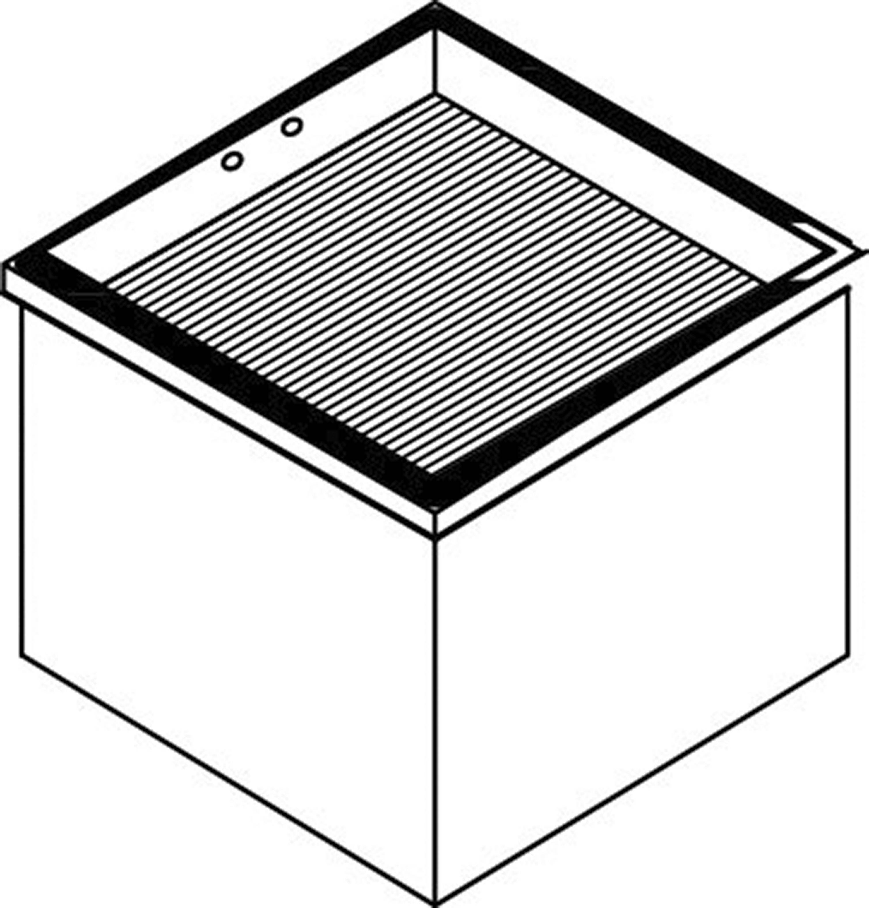 Disegno in bianco e nero di un lavandino quadrato con scanalature sul fondo e due fori sulla parete posteriore.
