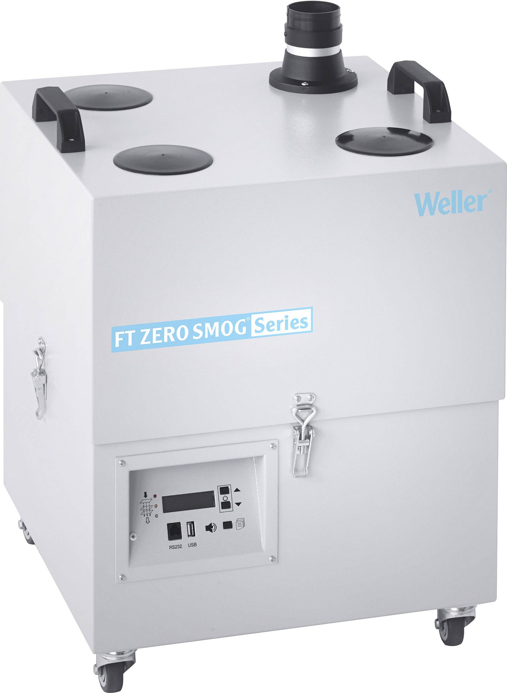 Un sistema di filtrazione dell'aria grigio della serie 'FT Zero Smog' di Weller, dotato di ruote e pannello di controllo.