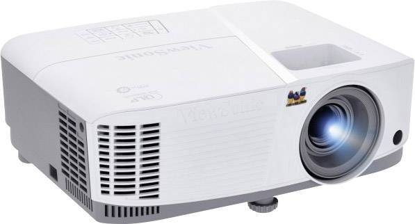 Un proiettore bianco con un obiettivo distintivo e griglie di ventilazione sui lati.