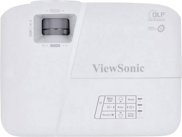 Proiettore bianco con logo 'ViewSonic'. In alto è presente una rotella di zoom. Sul lato ci sono pulsanti per il menu e la sorgente dell'immagine.