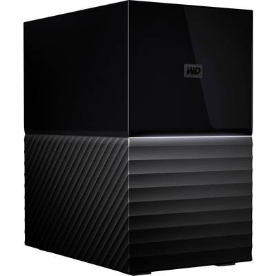 Un supporto di archiviazione nero, lucido, in posizione verticale con il logo WD. Ha la metà inferiore scanalata e la metà superiore liscia.