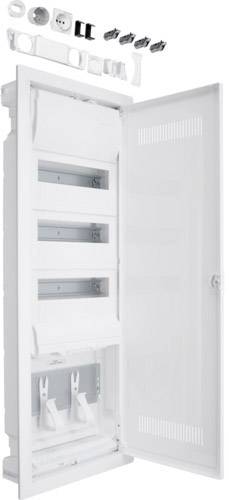 Un armadio elettrico aperto, bianco, con diversi scomparti vuoti e una parte inferiore trasparente, con accessori posizionati nella parte superiore.