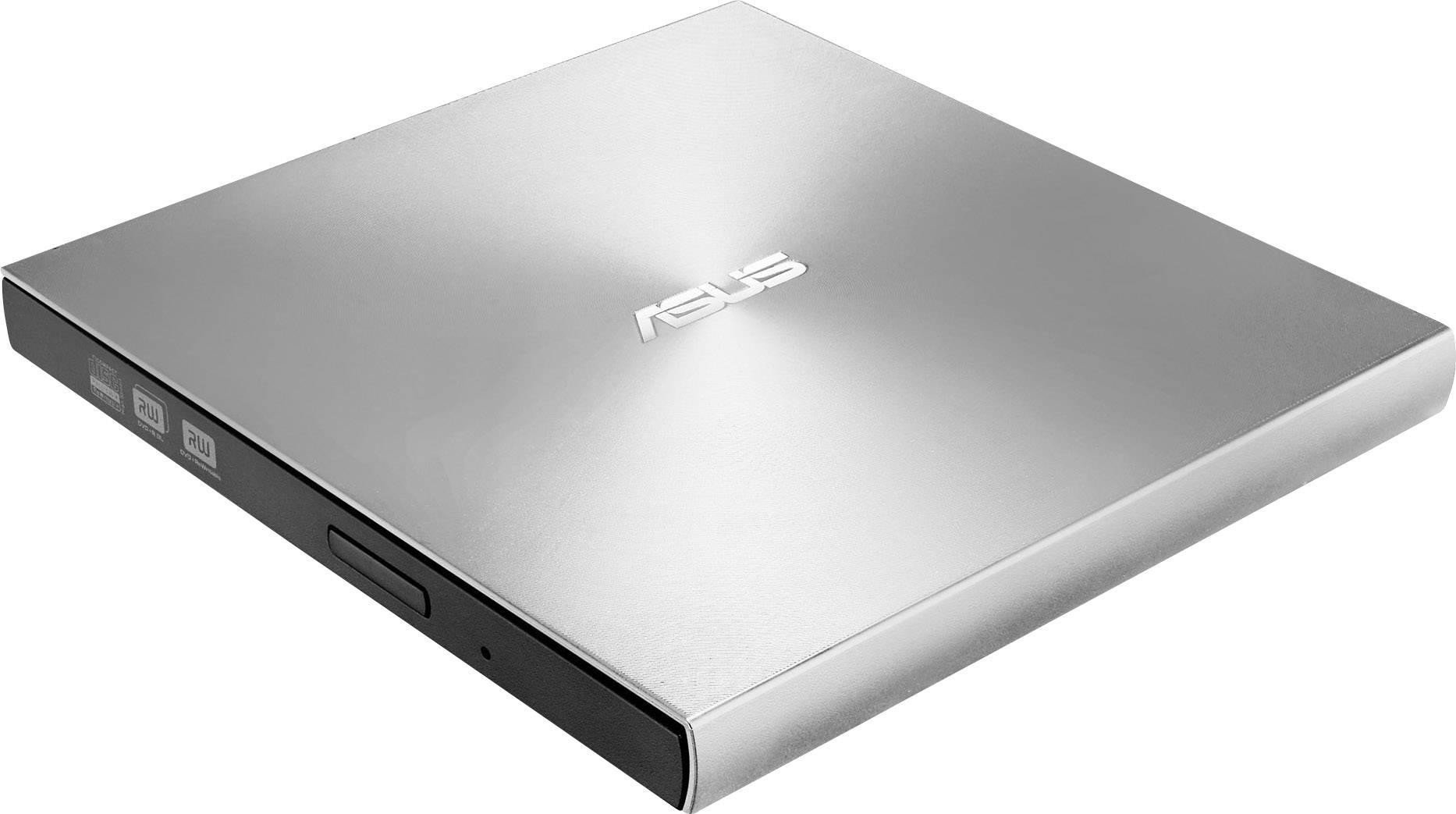 Lettore DVD esterno ASUS color argento, design sottile con logo del marchio sulla parte superiore, inserimento e espulsione laterale.