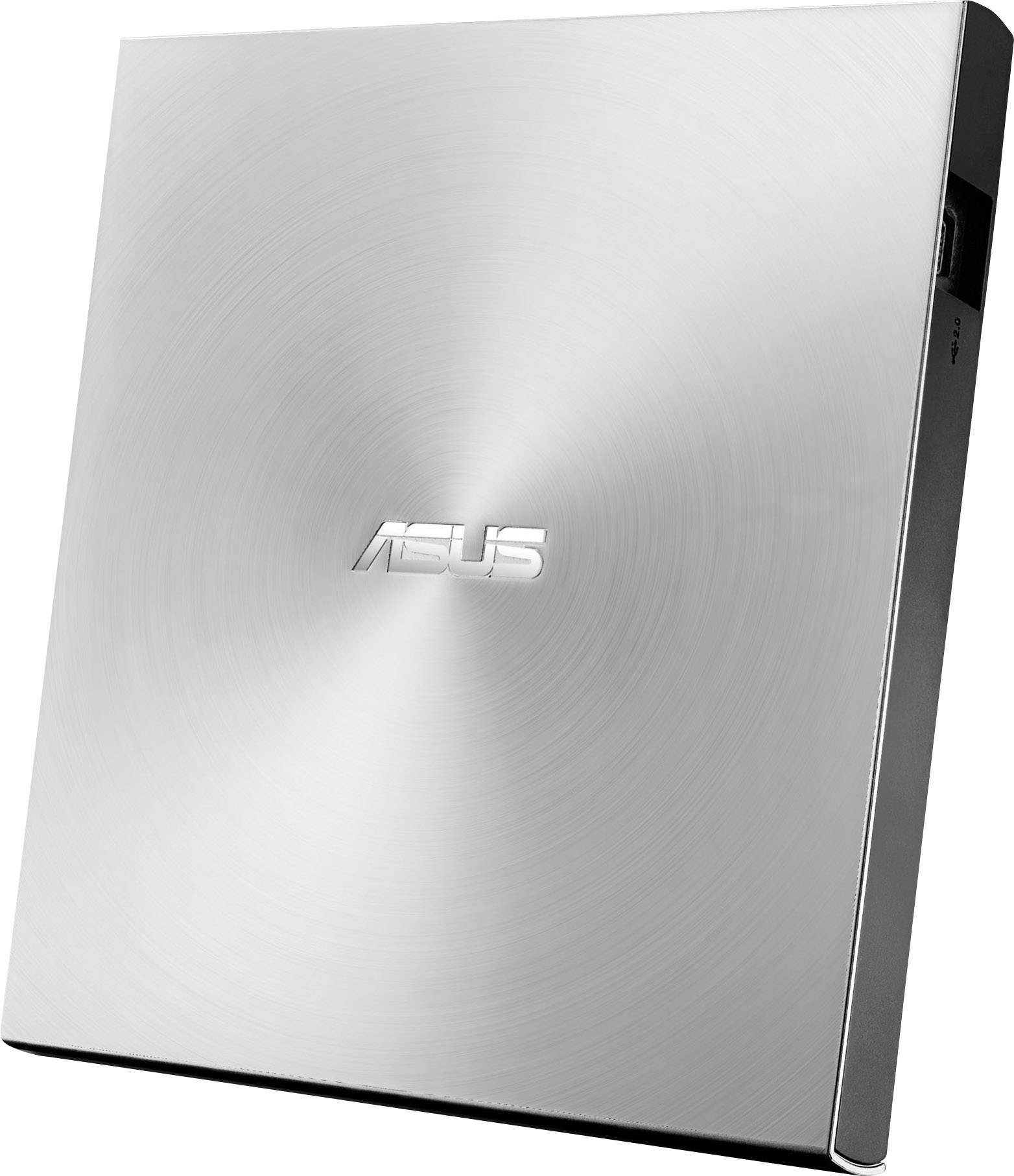 Un'unità esterna in argento di ASUS con un motivo rotondo lucido al centro.