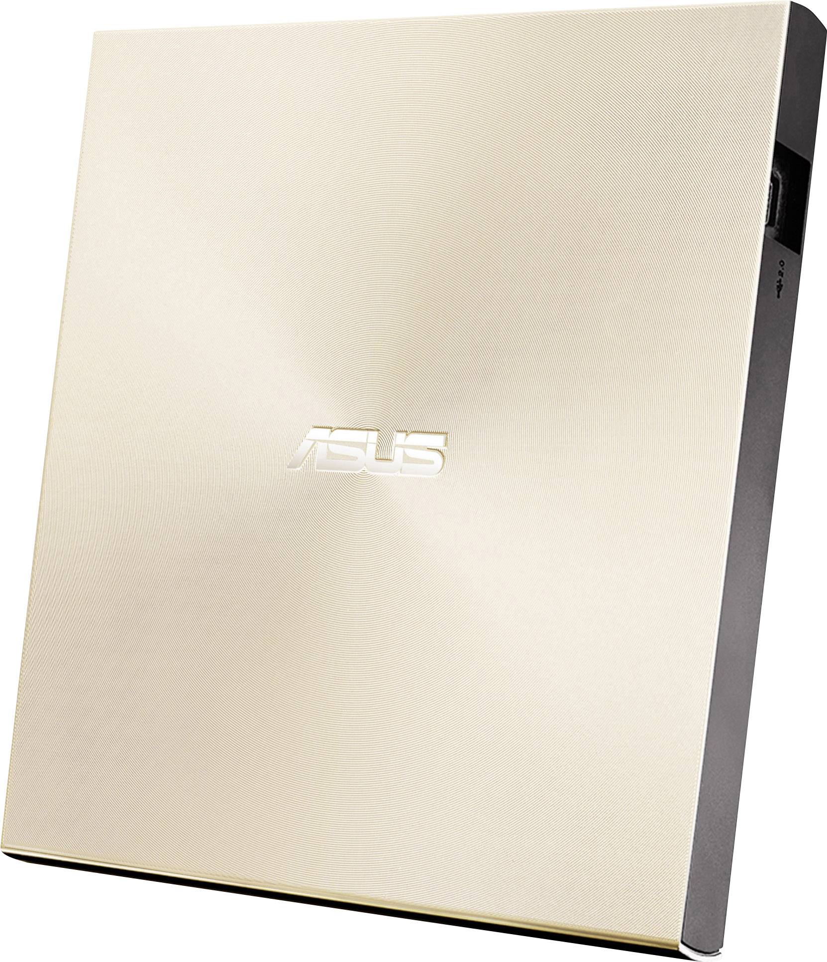 Masterizzatore DVD esterno ASUS in custodia dorata, design sottile, orientamento verticale.