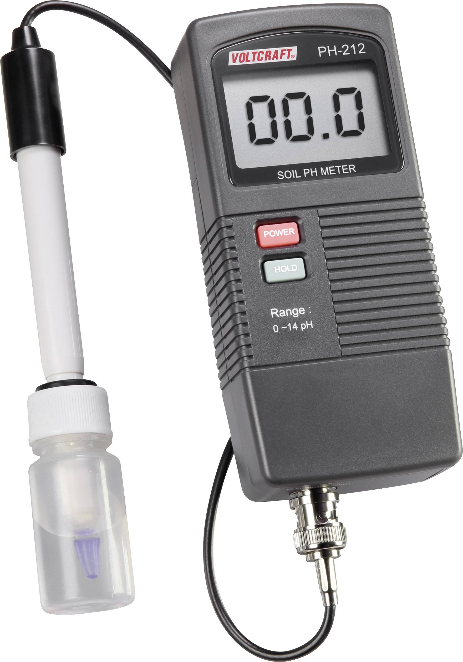 Misuratore di pH con display digitale che mostra '00.0', collegato a una sonda e a un contenitore di liquido. Campo di misura da 0 a 14 pH per analisi del suolo.