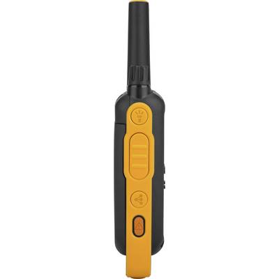 Walkie-talkie nero e arancione con tasti laterali di controllo, sotto cui sono presenti un simbolo di illuminazione, un tasto altoparlante e un simbolo di avvertenza.