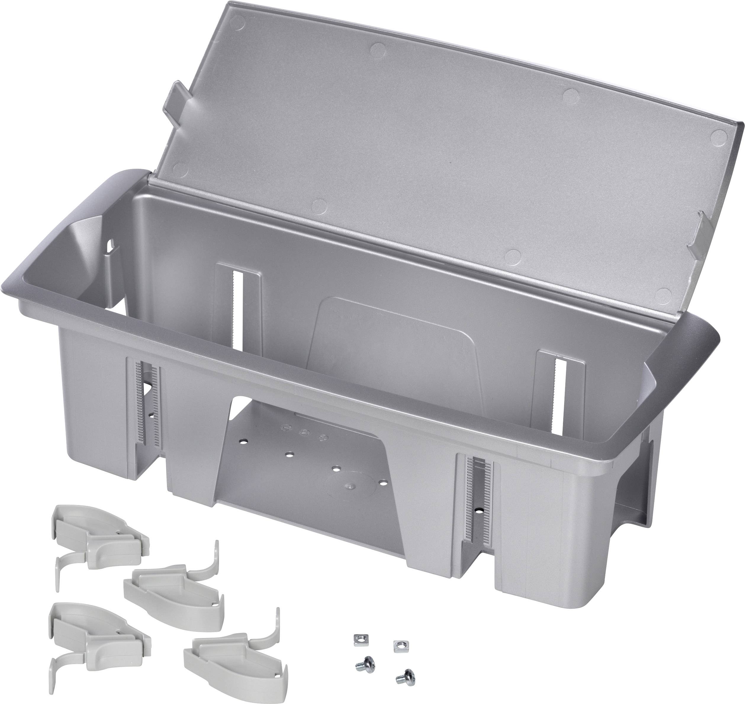 Contenitore in plastica grigio con coperchio aperto, quattro supporti e due viti. Adatto per il montaggio a parete o lo stoccaggio.