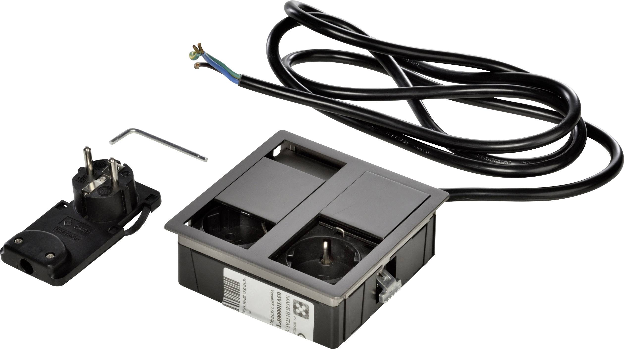 'Modulo presa elettrica nero con due slot, spina di rete, cavo e chiave a brugola. Set per il montaggio di componenti elettrici.'