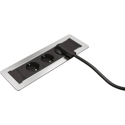 Presa da incasso con due connettori, inserita a filo del tavolo, con cavo nero collegato. Ideale per ambienti da ufficio.