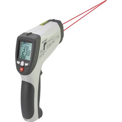 Un termometro a infrarossi con due puntatori laser rossi per l'acquisizione del bersaglio viene utilizzato per misurare le temperature con precisione.