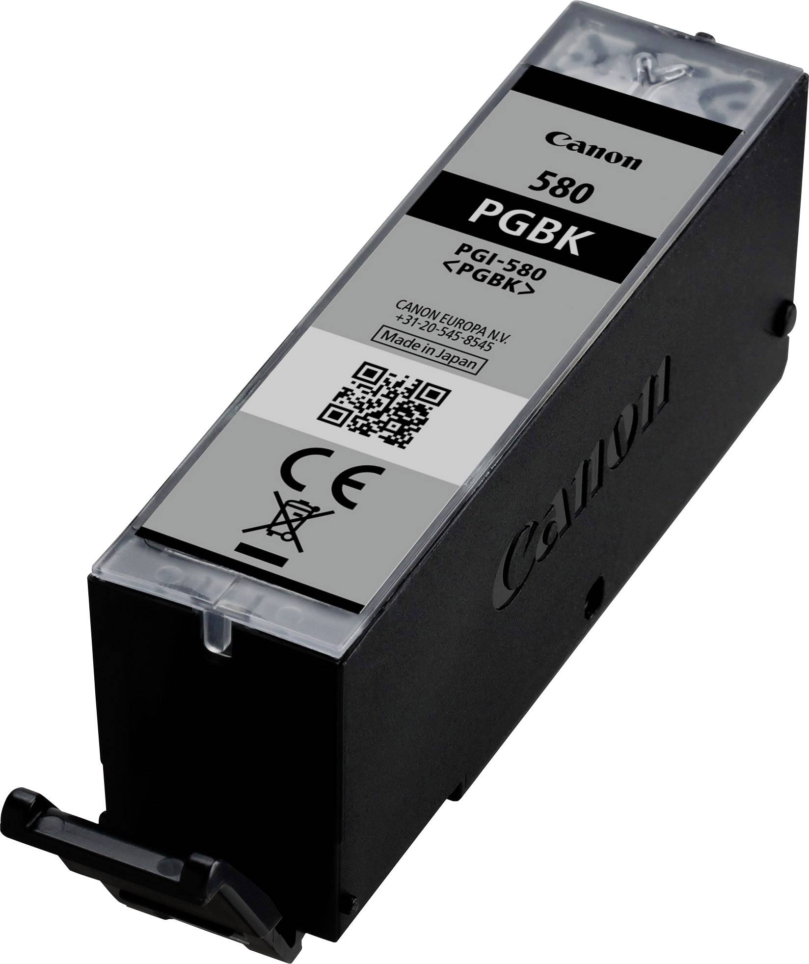 Cartuccia di inchiostro nera con la scritta 'Canon 580 PGBK'. In alto è presente un codice QR; la confezione è rettangolare e realizzata in plastica.
